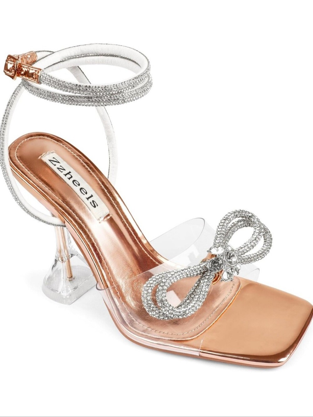 Gold Metallic Strappy Slide Sandals with Crystal Bow